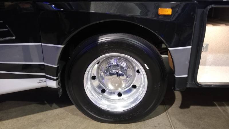 RV motorcoach tire on polished rim