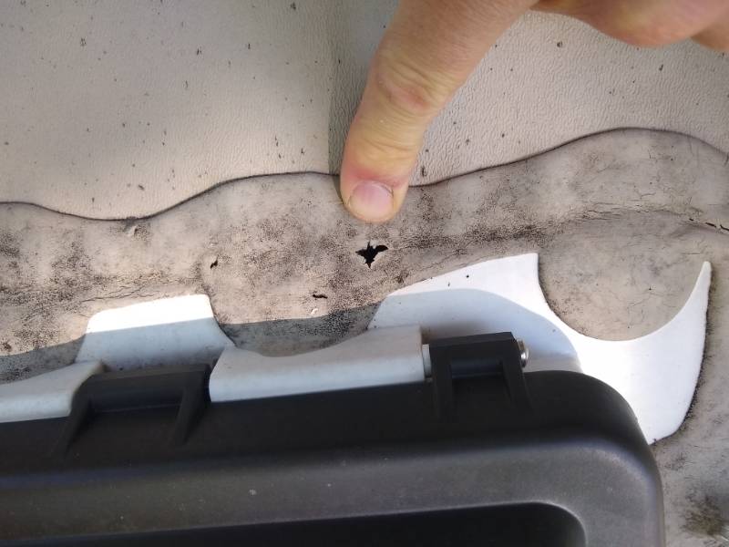 A pinhole leak in RV lap sealant around the roof ceiling fan